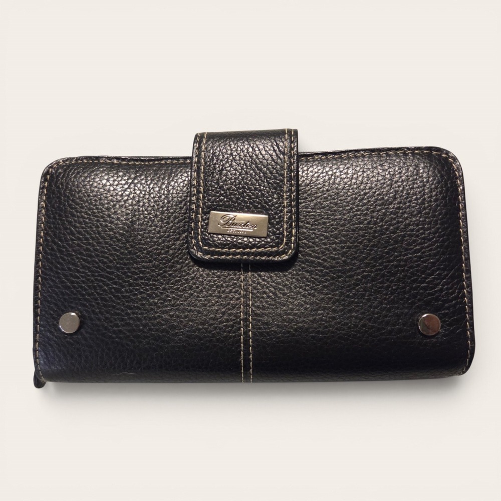 Buxton Black Leather Zip Around Checkbook Wallet Organizer‎ Contrast Stitch